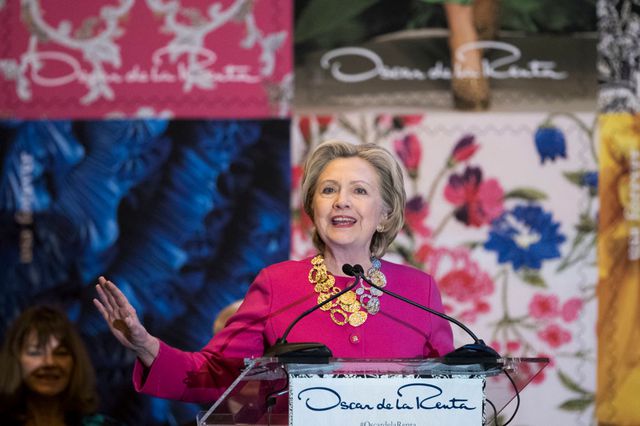 Hillary Clinton at the unveiling of the Oscar de la Renta stamp<br>